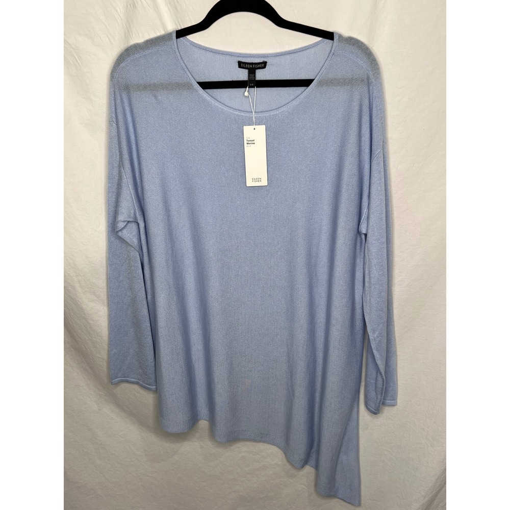 NWT EILEEN FISHER TENCEL MERINO WOOL ASYMMETRICAL HEM SWEATER SZ LARGE BLUE KNIT